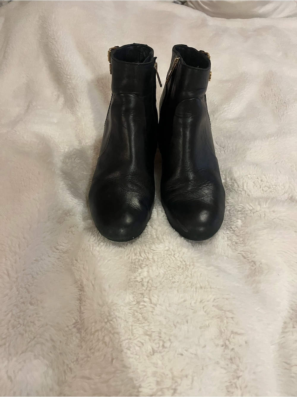Tory Burch Black Leather Ankle Booties with Gold Buckle Detail